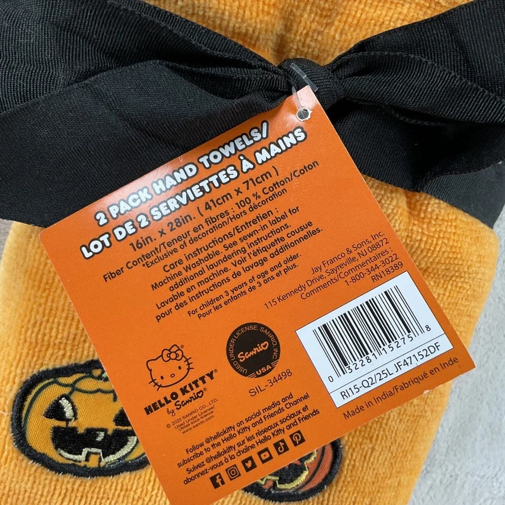 Hello Kitty Halloween Hand Towels 2 Pack Orange Pumpkin Embroidered Sanrio NEW